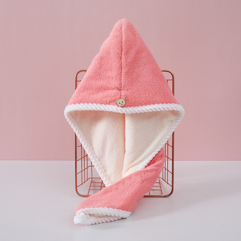 Double Layer Coral Fleece Hair Drying Cap Thick Super Absorbent Quick Dry Bath Hat Pink in use