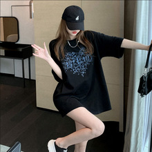 2024年新款欧美潮牌短袖t恤女ins宽松中长款黑色大版纯棉夏季上衣