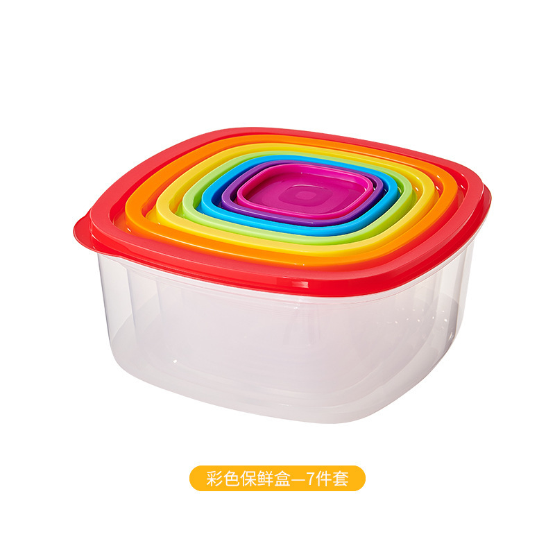 Caja de almacenamiento de plástico redonda arcoíris caja de almacenamiento de refrigerador de siete piezas caja de almacenamiento de alimentos caja de almuerzo de microondas caja de almuerzo
