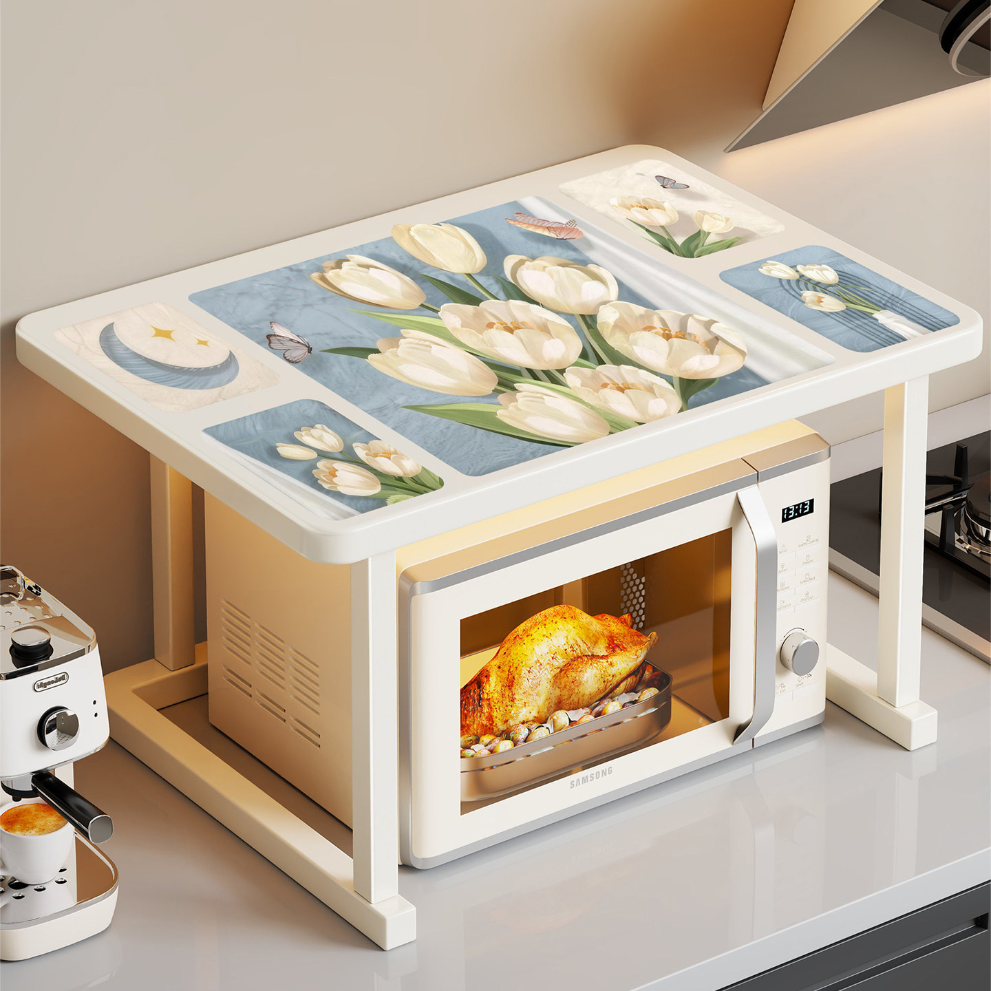 Kitchen storage rack countertop organizer, a multi-functional stand for layering and organizing microwave, rice cooker, and oven