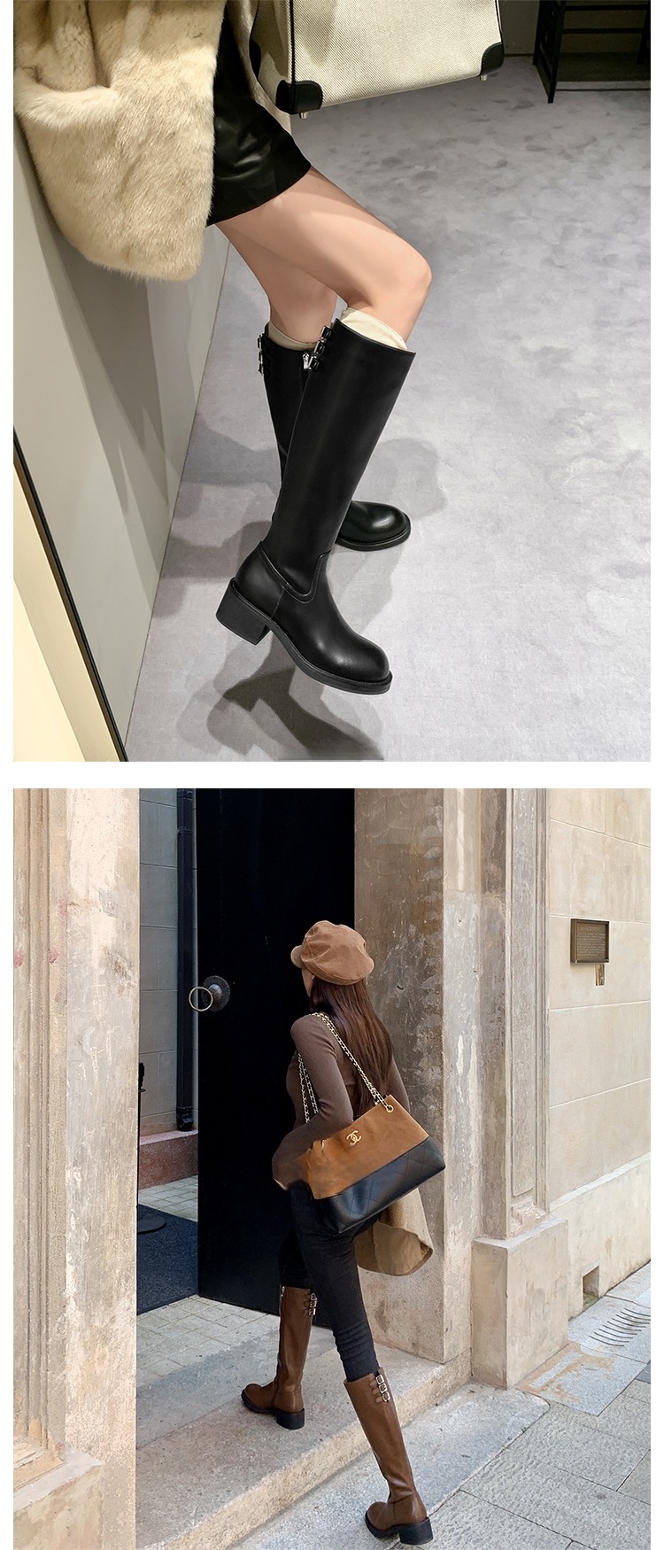 Women's Knee High Boots With Thick Heel And Buckle Side Zipper_voghion.com