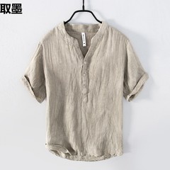 夏のリネン半袖カジュアルtシャツ男性用スタンドカラープルオーバーシャツ国潮作り古いレトロ薄手通気性大vネック