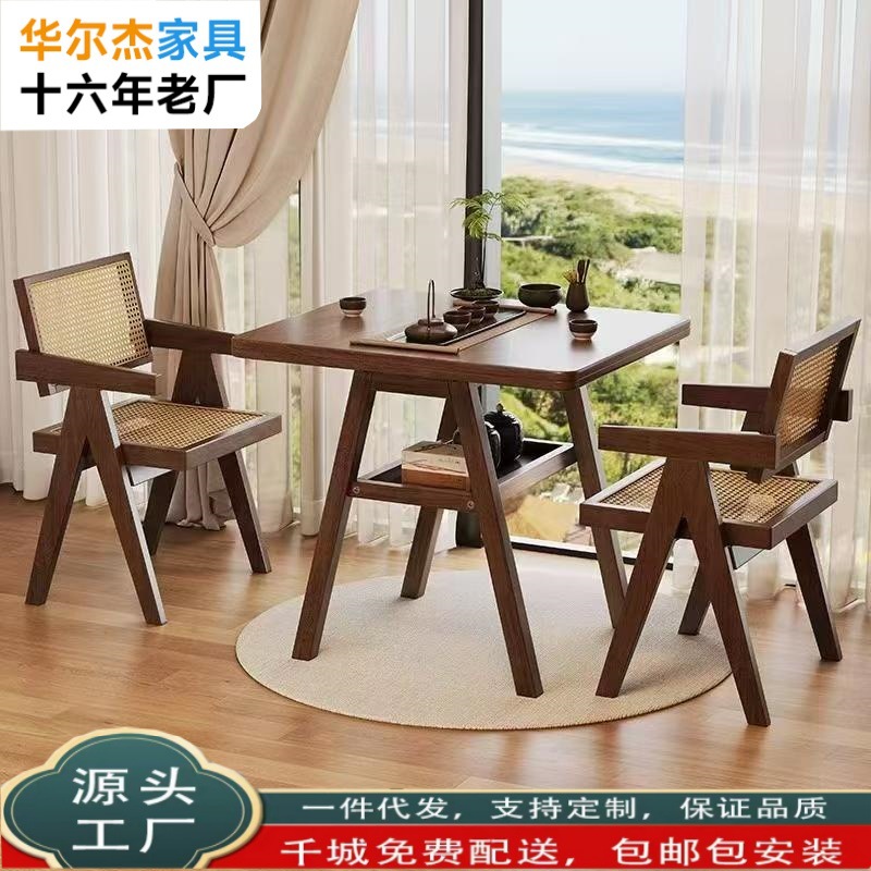 Solid Wood Balcony Tea Table and Chair Three-Piece Set Tea House Tea Drinking Cafe Negotiation Small Apartment Simple Combination One Table and Two Chairs