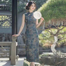 复古蓝旗袍2026女立领斜襟无袖长款修身显瘦民国风新中式连衣裙