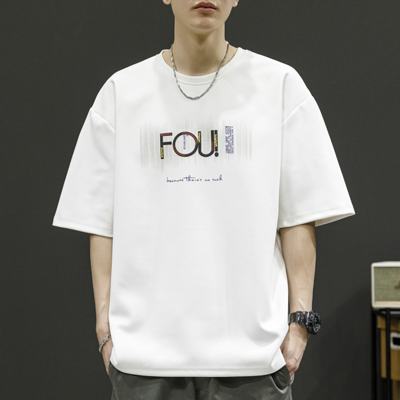 Large size men's short-sleeved round neck print knitted half-sleeved larger and widened youth Hong Kong style fat man top trendy