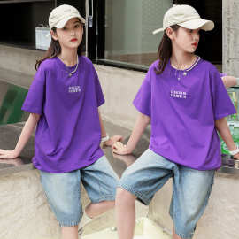 【100%纯棉】200克女童夏装简约条码印花T恤中大童儿童短袖潮ins