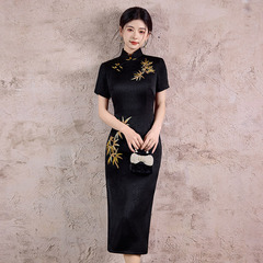 絕美黑色送考竹葉繡花新中式改良旗袍2025新款少女復古短袖中長款