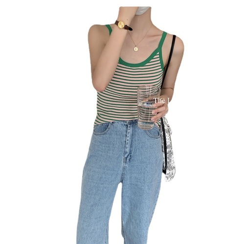 Trendy French Striped Tank Top for Women, Wearable as Outerwear, Pure Desire Hong Kong Style Knit Bodysuit, Sleeveless, Fitted Backless Top, Autumn
