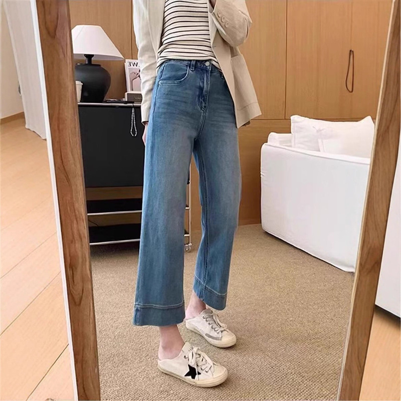 Korean Style Straight-Leg Jeans for Women, Autumn New Large Size, Stretchy, Suitable for Pear-Shaped Body, Petite, Cropped Wide-Leg Pants