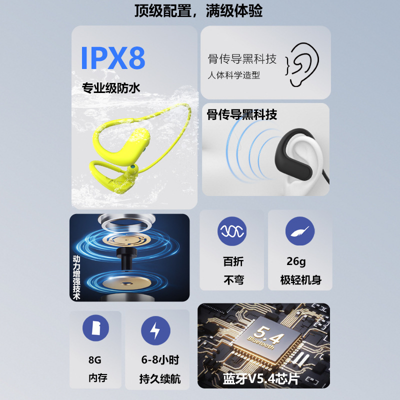 骨伝導 Bluetooth ヘッドセット ワイヤレス インイヤー 新しいブラック テクノロジーには 8G メモリが内蔵されており、超長持ちするイヤーフック ヘッドセット|undefined