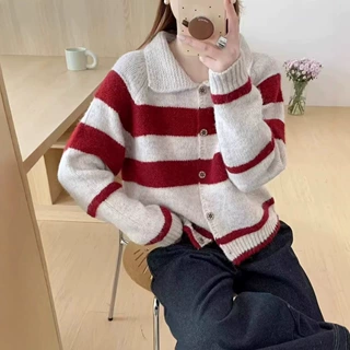 设计感撞色条纹翻领毛衣女秋冬穿搭2024新款宽松慵懒风针织衫上衣