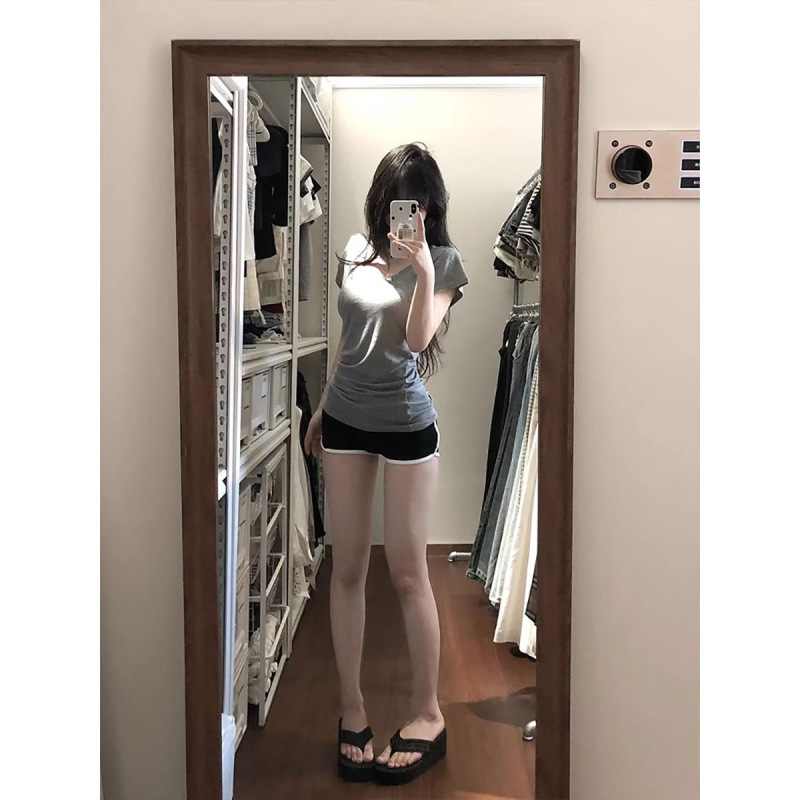 灰色V领垂感收腰正肩短袖T恤女夏季松弛感慵懒风基础修身显瘦上衣|undefined