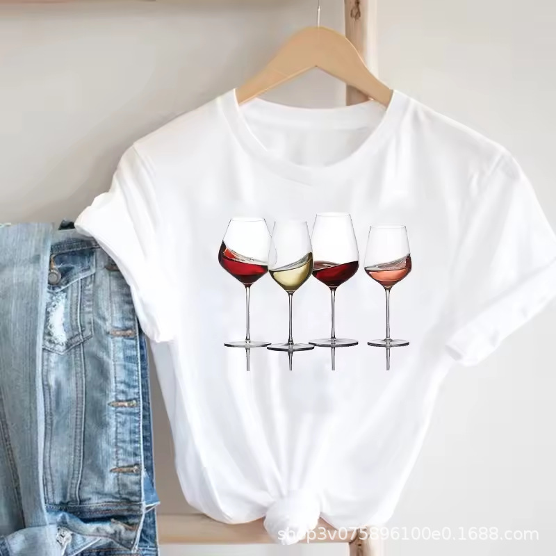 Summer New 90S Red Wine Glass Short Sleeve Printed Clothing Women's T-Shirt Harajuku Pattern Clothing Women