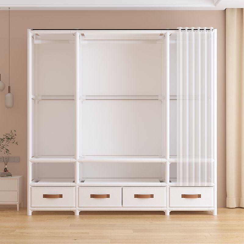 Japanese-Style Simple Wardrobe for Home Bedroom, Multi-Layer Fabric Wardrobe with Drawers, Rental Storage Cabinet, Large Capacity Hanging Wardrobe