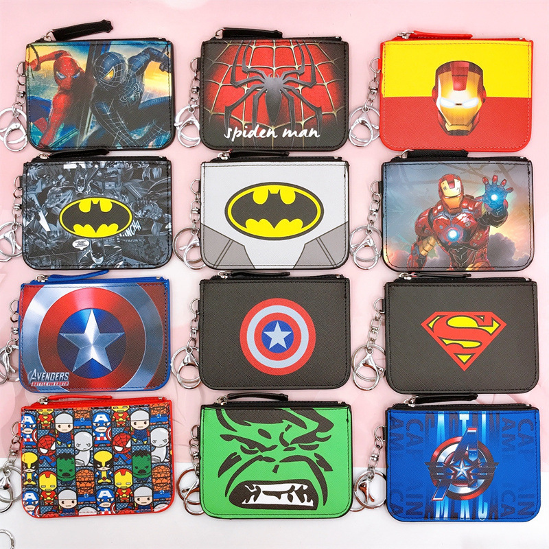 Cartoon League of Heroes Spiderman Batman Revenge Captain Card Holder Tag with Key Ring Change Card Bag Wallet