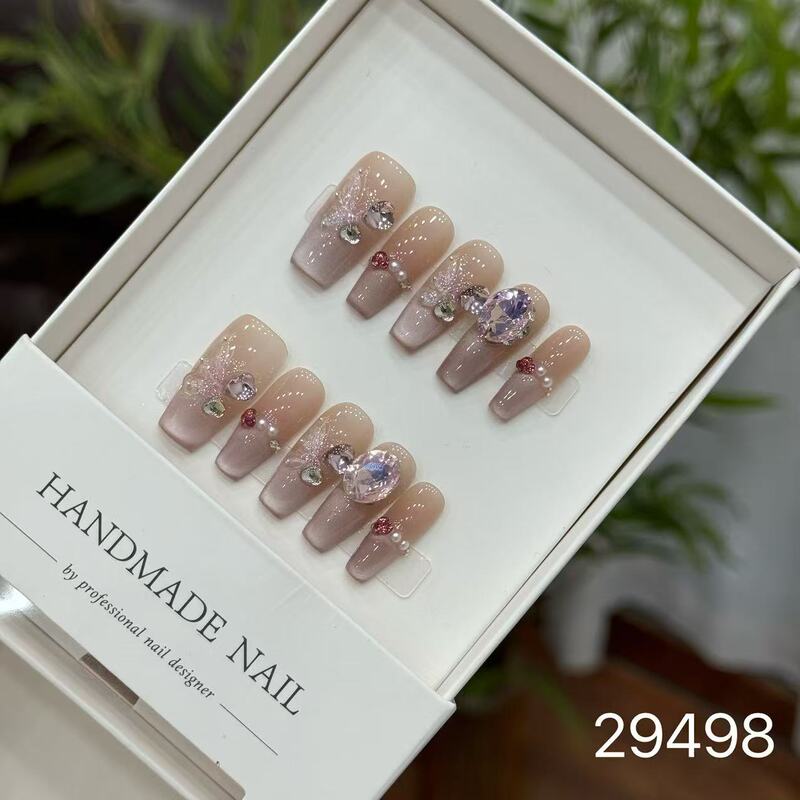 【純手作りのつけ爪29-32】ロングフレンチキャットアイパッチ付け爪、取り外し可能なネイルアートコレクション|undefined