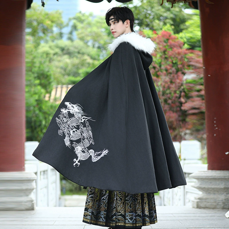 Оригинальный красивый дракон плащ плюс бархат теплый черный плащ мужской китайский стиль студенческая группа выступает в костюме Hanfu