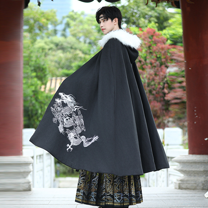 Original Handsome Dragon Cloak fleece-lined Warm Black Cloak Male Chinese Style Student Group Performance Hanfu suit Original Handsome Dragon Cloak fleece-lined Warm Black Cloak Male Chinese Style Student Group Performance Hanfu suit