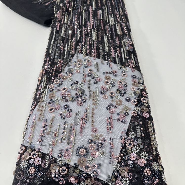 Diamante tridimensional perlas de perlas sequinilla tela de malla de moda europea y americana vestido de novia tela de moda