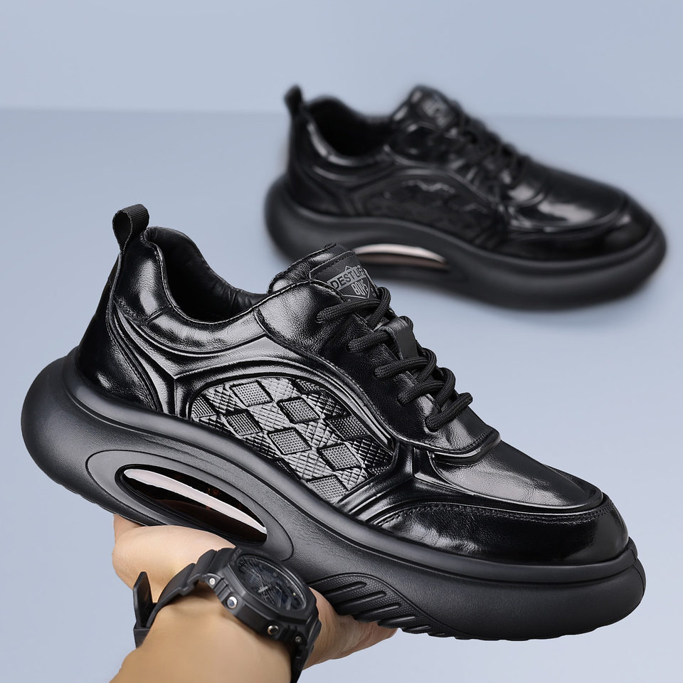 Giày thể thao nam da bò thật đế dày tăng chiều cao, giày sneaker nhẹ thoáng khí gót 3–5 cm — màu nâu, màu đen