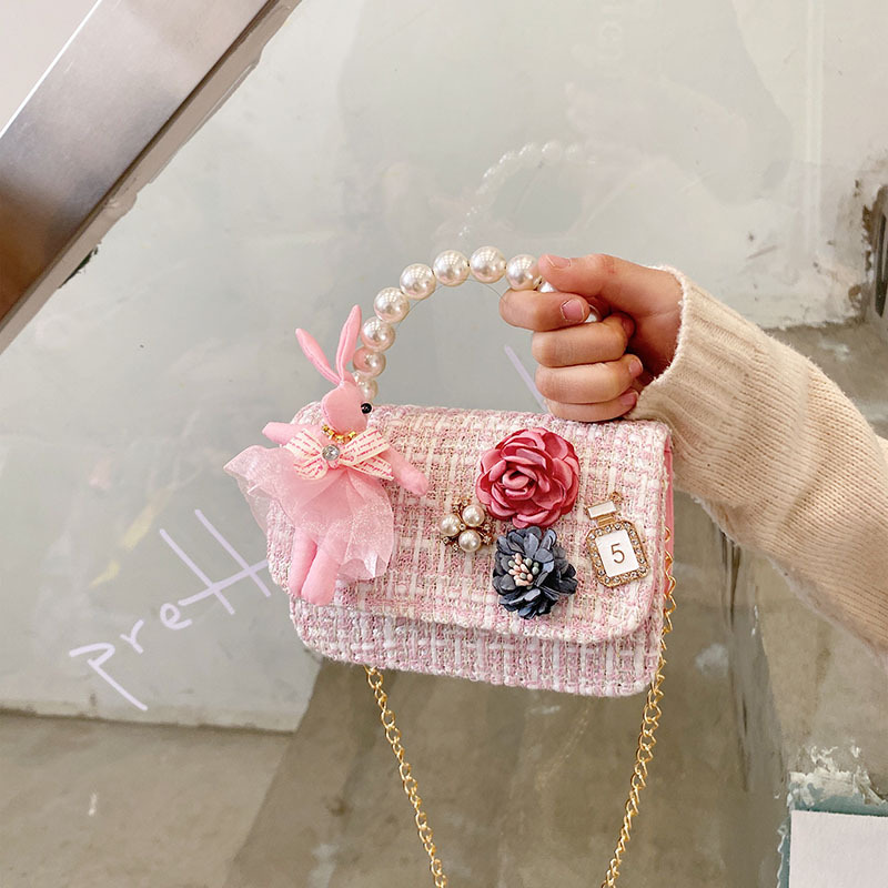 Estilo coreano Chanel estilo niñas bolsa de mensajero princesa moda dibujos animados moda lindo cadena accesorios perla bolso bolsa