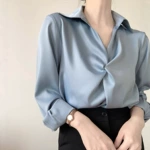 一见倾心 蓝色缎面衬衫女职业通勤衬衣设计感上衣秋装
