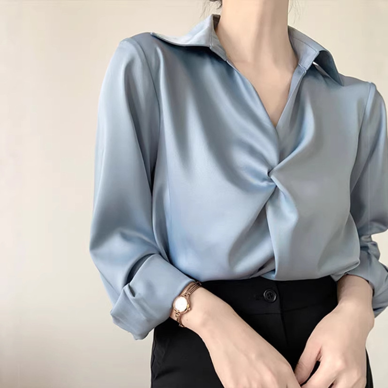 Love at First Sight Blue Satin Shirt Women's Professional Work Clothing Shirt Design Top Autumn Clothing
