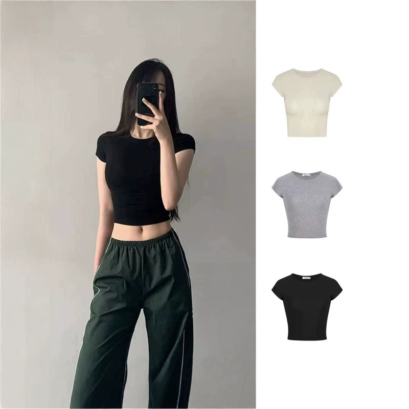 American-style spicy girl round-neck short-sleeve T-shirt for women, summer inner wear, slim-fit, chic, high-waisted, cropped top American-style spicy girl round-neck short-sleeve T-shirt for women, summer inner wear, slim-fit, chic, high-waisted, cropped top