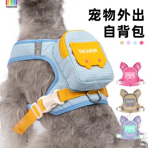 Pet Dog Backpack Outdoor Plaid Dog Leash Convenient Storage Dog Bag Outdoor Dog Walking Rope Harness Ready in Stock