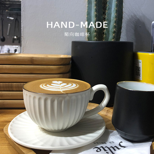 Retro vintage cups, Japanese-style stoneware coffee cup and saucer set, exquisite high-end ceramic coffee mug with latte art design