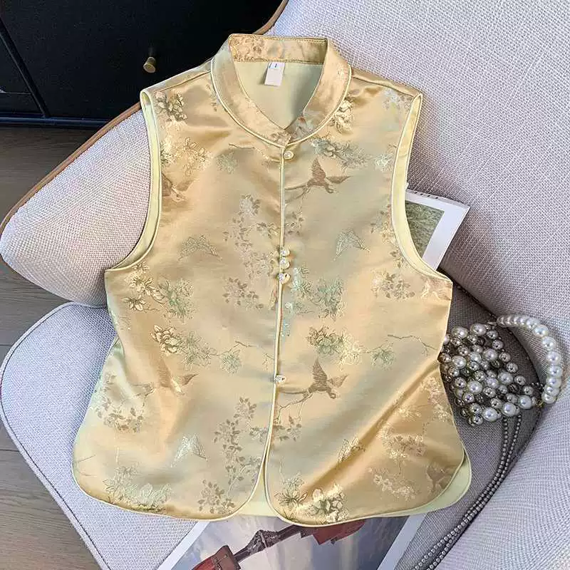Настоящая фотография нового китайского стиля, национальный тренд, вышитая пуговица, воротник-стойка, атласный жаккардовый ретро улучшенный топ, жилет, куртка