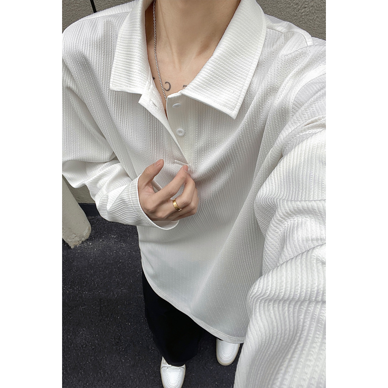 Wrinkled Texture White Polo Shirt For Men, Long-sleeved, New Spring Style, Solid Color, Simple Base Shirt, Large Size,_voghion.com