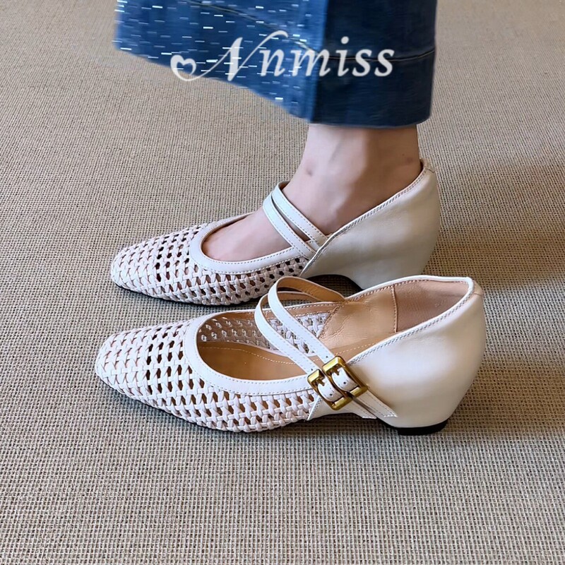 First-Layer Cowhide Woven Hollow-Out Mary Jane Shoes for Women, Flat-Heeled, College-Style, Retro Single Shoes, Summer Breathable Soft-Soled Sandals