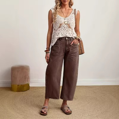 Cross-Border Exclusive Supply of American Retro Coffee-Colored Wide-Leg Pants for Women, High-Waisted Loose Denim Long Pants, Straight-Leg Casual Pants in Stock Cross-Border Exclusive Supply of American Retro Coffee-Colored Wide-Leg Pants for Women, High-Waisted Loose Denim Long Pants, Straight-Leg Casual Pants in Stock