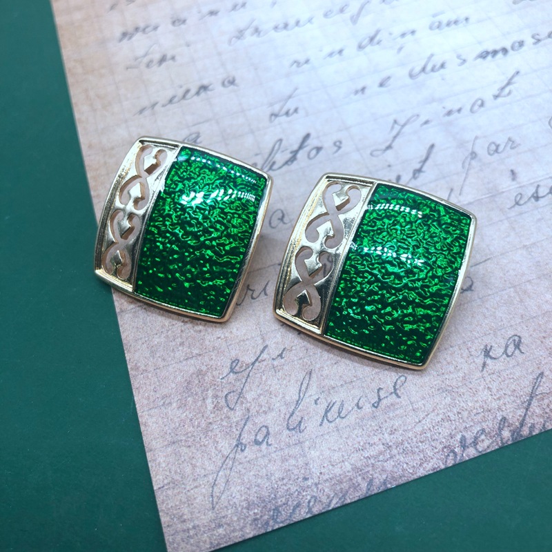 8g Weight No Inlaid Inlay Material Earrings, Ear Studs Classification Wedding, Travel Occasion Star Pattern Women'S Gender Fashion Style Green, Silver Color Retro Emerald Green Drip Glaze Alloy Earrings 7