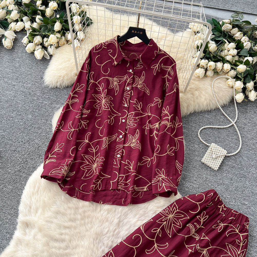 Women's Leaf Embroidery Two Piece Set Cardigan And Wide Leg Pants Slimming Versatile Autumn 2026 Commuting Clothing_ecoleips.com