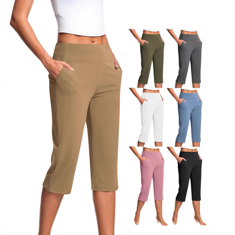 2025 Cross-Border Foreign Trade Amazon Women's Knitted Cropped Pants Women's Yoga Tummy Control High-Waisted Pants