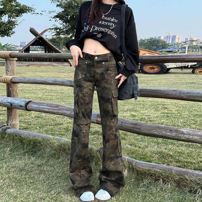 American-Style Cleanfit Flared Camouflage Jeans for Men and Women with Multiple Pockets, Vibe Design, Height-Enhancing Casual Work Pants