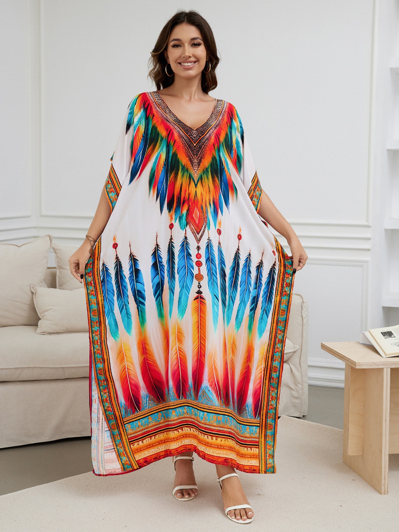Rochie de plajă lungă kimono dama boho viscoză tie-dye_voghion.com