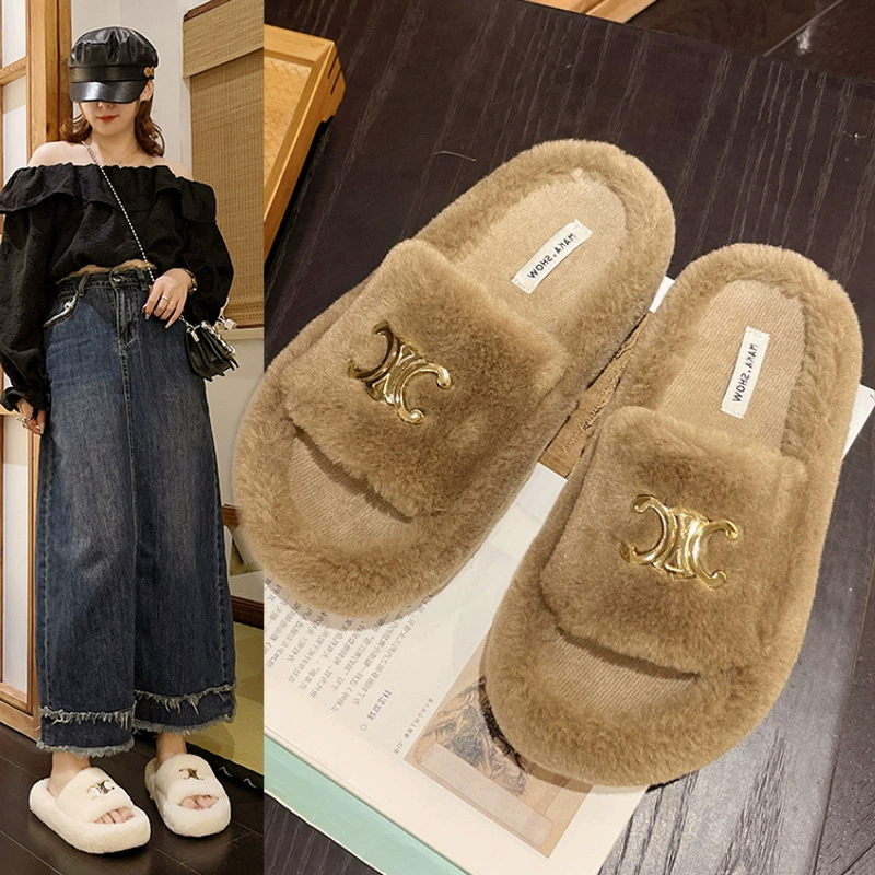 Шерстяные тапочки женские туфли осенью и зимой мода слово