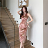 Chinese Vintage Printed Velvet Hollow Split Sleeveless Qipao Dress