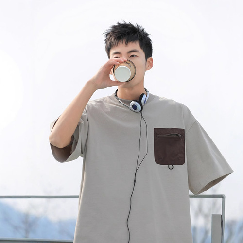 Factory Direct Supply 220g Heavyweight Pure Cotton Pocket Short Sleeve T-Shirt for Men Summer Retro Pure Cotton Loose Half-Sleeve T-Shirt