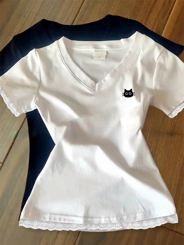 2026 New Summer Style Unique and Beautiful V Neck Top with Lace Trim, Slim Waist, Slim Fit, Short-Sleeved T-Shirt for Women 2026 New Summer Style Unique and Beautiful V Neck Top with Lace Trim, Slim Waist, Slim Fit, Short-Sleeved T-Shirt for Women
