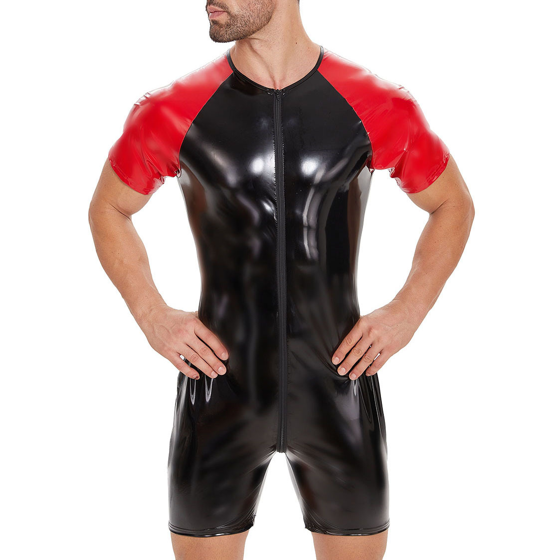 Cherry Temptation European and American Men's PVC Glossy Leather Bodysuit Sexy Slim Fit Leather Jacket KTV Performance Costume Color Block PU