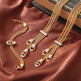 欧美新款跨境夸张个性钛钢镀金镶钻彩釉吊坠多层项链手链套装饰品