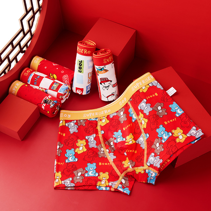 Children's Underwear for Boys, Zodiac Year Underwear, Cotton Snake Design, Medium to Large Size Youth Underwear, Bright Red Straight Shorts