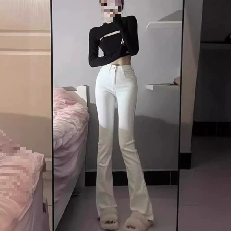 Женские джинсы bootcut в корейском стиле, весна и осень 2024, новые утягивающие брюки с высокой талией, универсальные расклешенные брюки в форме подковы