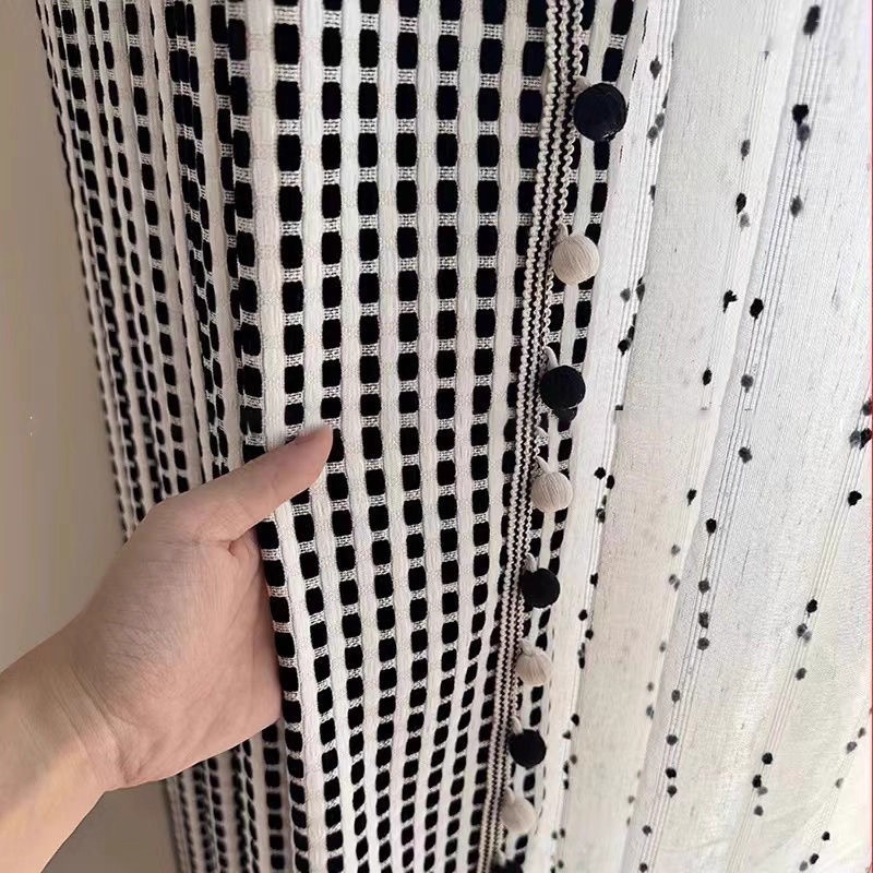 新款高级中古风黑白雪尼尔编织纹窗帘布卧室客厅遮光设计师款极简|undefined