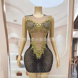 亚马逊金闪闪水钻背心短裙修身礼服酒会派对红毯礼服演出服赤金