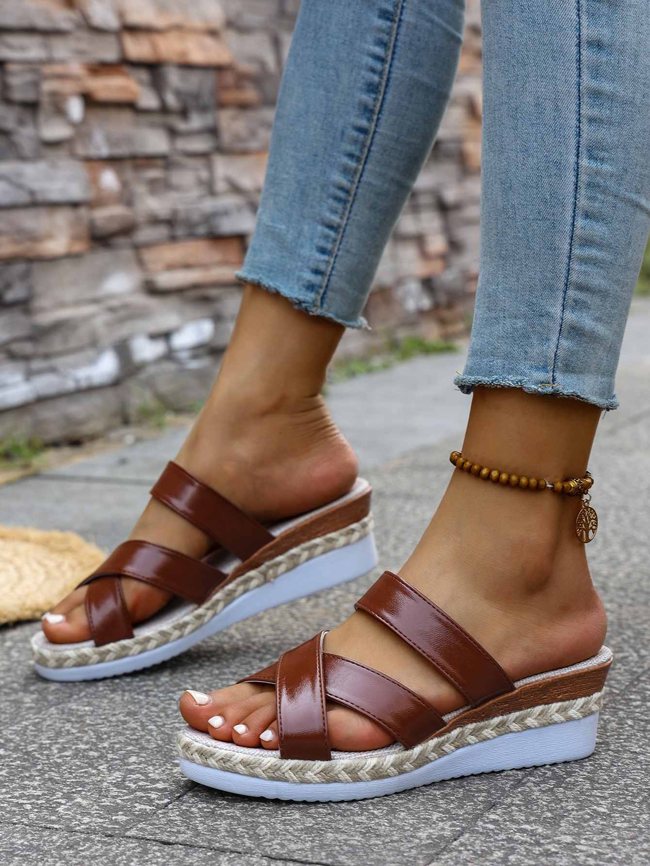 Women's Cross Strap Beach Sandals Summer Style Rope Sole Wedge Heel Size 43_vogvips.com